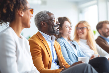 A diverse group of coworkers with a positive attitude attend a training session where employees are engaged in interacting among professional colleagues.