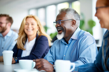 Obraz premium A diverse group of mature professionals taking a break with a cup of coffee with a positive attitude in an office environment.