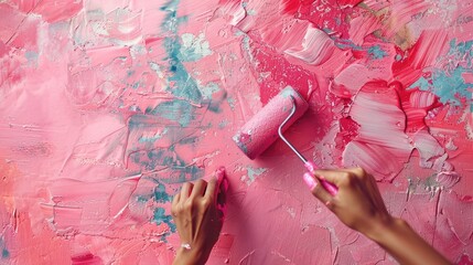 The girl paints the wall with pink textured paint.