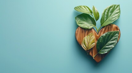 A heart made of wood with green leaves on a blue background.