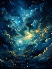 starry night sky clouds stars page daub cold blue swirly aquarius upon high dream sequence nights - obrazy, fototapety, plakaty