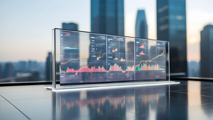 close up transparent screen displays financial charts with buildings background - obrazy, fototapety, plakaty