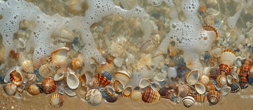 A cluster of river shells is seen arranged on top of a sandy beach, with the sea in the background. The shells, varying in size and color, display intricate textures under the bright sunlight.