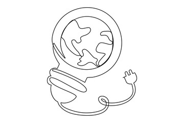 Continuous one line Earth globe inside lightbulb and earth hour outline vector art illustration. Isolated on white background vector illustration Premium vector