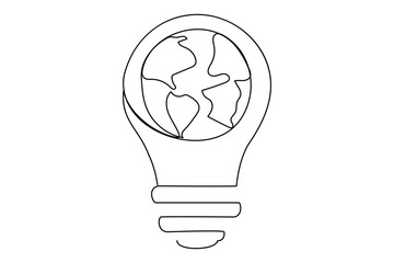 Continuous one line Earth globe inside lightbulb and earth hour outline vector art illustration. Isolated on white background vector illustration Premium vector