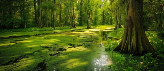 A swamp nestled in the heart of a forest, surrounded by towering trees and vibrant greenery. The water reflects the lush canopy above, creating a serene yet wild atmosphere.