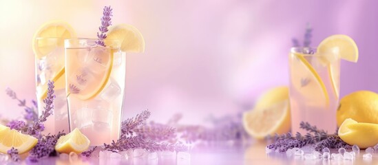 A glass filled with sliced lemons and lavender sprigs placed on a wooden table. The vibrant yellow lemons contrast with the delicate purple lavender, creating a visually appealing display.