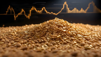 a pile of wheat grains with screen background displaying financial charts