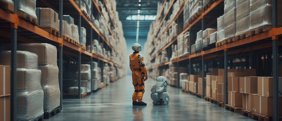 Futuristic autonomous robots navigating through aisles of a warehouse, optimizing logistics and inventory management.