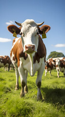 Fototapeta na wymiar Rustic Charm: Ayrshire Dairy Cows' Grazing in Serene Green Pastures - A Display of Farm Life