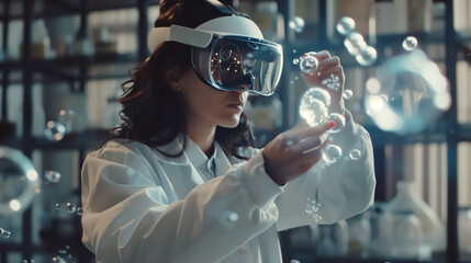 A scientist in a white lab coat with an Apple Vision headset controlling molecules in the air and exploring how they combine in a futuristic 3D hologram