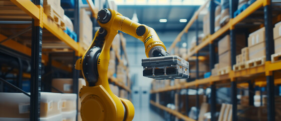 A robotic arm equipped with precision grippers smoothly operates in a warehouse, handling boxes for streamlined distribution. - obrazy, fototapety, plakaty