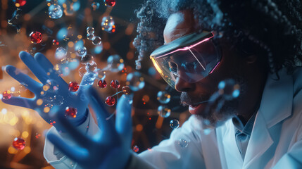 A scientist in a white lab coat with an Apple Vision headset controlling molecules in the air and exploring how they combine in a futuristic 3D hologram