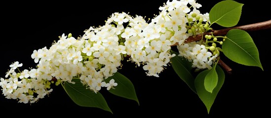 A branch of an elderberry tree adorned with graceful white flowers and vibrant green leaves, showcasing the delicate beauty of nature.