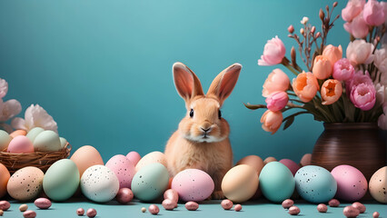 aesthetic easter background with colorful eggs and cute bunny