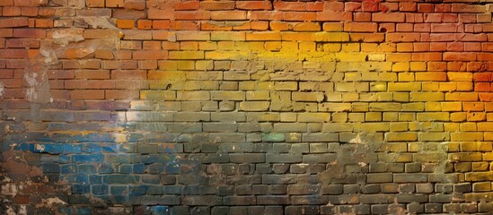 A brick wall adorned with a rainbow colored paint scheme, adding a burst of color to the weathered surface. The rainbow spans across the bricks in a vivid display of contrasting hues.