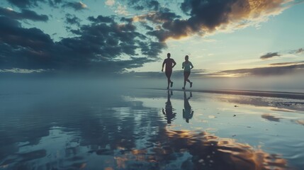 Couple on a morning run on the beach, back view. Healthy lifestyle. AI Generated - obrazy, fototapety, plakaty
