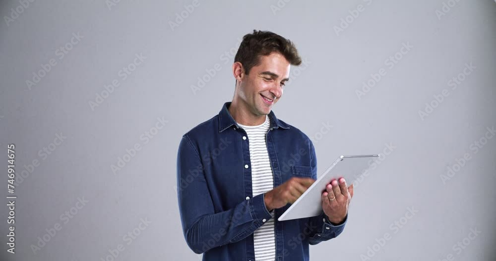 Poster business, man and tablet in studio with happy, face and confidence for marketing career at work. ent
