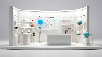 3d rendering of minimalist exhibition stand with science theme on white background