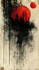 red sun trees background colored illustration lone wolf horror bold strokes sinking drowning paint moonlit forest graffiti