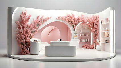 3d rendering of minimalist exhibition stand with beauty concept on white background