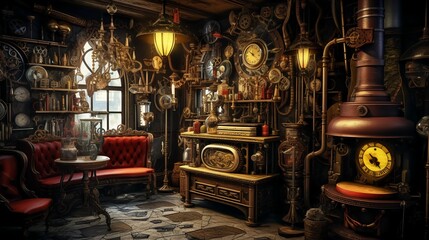 Interior design of a steampunk home, wallpaper format. - obrazy, fototapety, plakaty