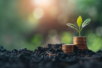 Stacks of coins sit atop rich soil, with a plant, background for sustainable finance development, investment growth, and financial success concept.