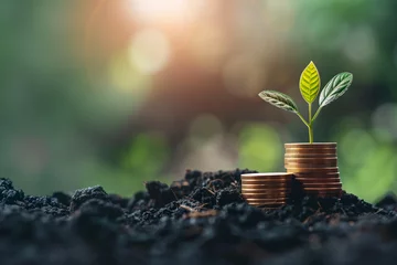 Poster Stacks of coins sit atop rich soil, with a plant, background for sustainable finance development, investment growth, and financial success concept. © Bnz