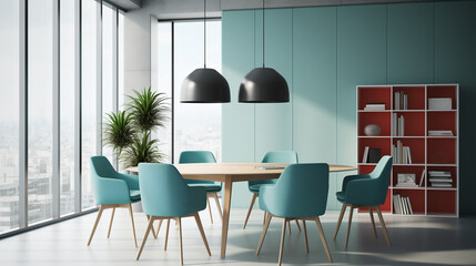 Contemporary Dining Area with Teal Chairs and Modern Design Elements