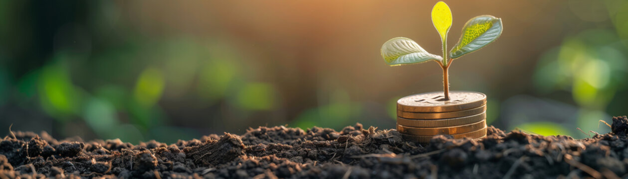 Stacks of coins with a young plant on top, background for sustainable finance development, investment growth, and financial success concept. Banner design.