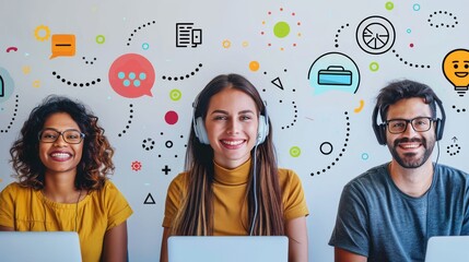 Diverse customer support staff with headsets and laptops, smiling in a vibrant, icon-illustrated office environment. - obrazy, fototapety, plakaty