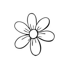 Plant design element.Simple vector doodle flower on isolated white background.Top view.Hand drawn with black outline.