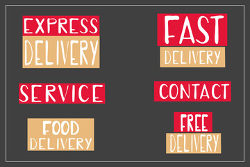 Hand drawn vector illustration of delivery service. Collection of typographic color elements on isolated background. - obrazy, fototapety, plakaty
