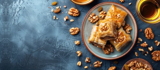 A table is covered with plates of traditional baklava topped with walnuts and raisins, alongside cups of tea. The arrangement is captured in a flat lay view, showcasing the delicious spread.