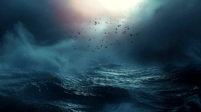Scene of storm waves in the middle of the ocean, animated virtual repeating seamless 4k