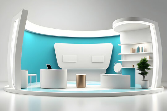 3d rendering of minimalist blue exhibition stand on white background