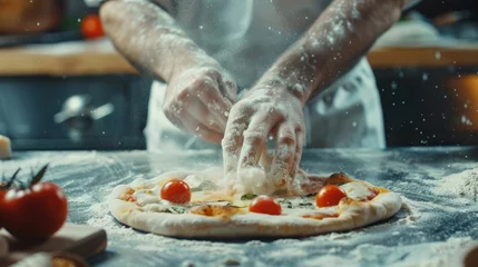 Foto op Aluminium In Restaurant Professional Chef Preparing Pizza, Using Flour, Kneading Dough, Traditional Family Recipe. Authentic Pizzeria, Cooking Delicious Organic Food. Cinematic Focus on Hands Shot © Sasint