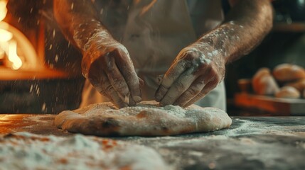 In Restaurant Professional Chef Preparing Pizza, Using Flour, Kneading Dough, Traditional Family Recipe. Authentic Pizzeria, Cooking Delicious Organic Food. Cinematic Focus on Hands Shot