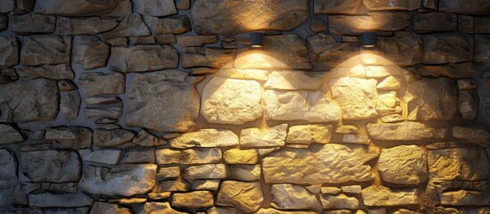 A pair of bright lights shining on a textured stone wall, creating a dramatic and rustic atmosphere. The contrast between light and shadow adds depth to the scene.