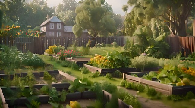 Lush Backyard Vegetable Garden with Raised Beds with AI generated.
