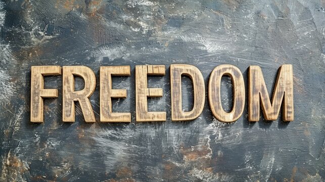 Wooden Ebony Freedom concept creative horizontal art poster. Photorealistic textured word Freedom on artistic background. Ai Generated Liberty and Independence Horizontal Illustration..