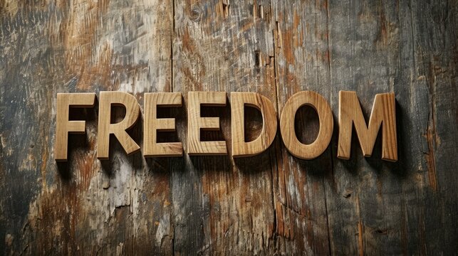 Wooden Oak Freedom concept creative horizontal art poster. Photorealistic textured word Freedom on artistic background. Ai Generated Liberty and Independence Horizontal Illustration..