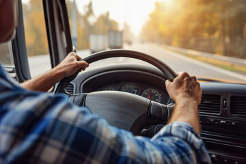 Truck driver steering wheel on sunny highway journey