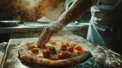 Foto op Canvas In Restaurant Professional Chef Preparing Pizza, Using Flour, Kneading Dough, Traditional Family Recipe. Authentic Pizzeria, Cooking Delicious Organic Food. Cinematic Focus on Hands Shot © Sasint