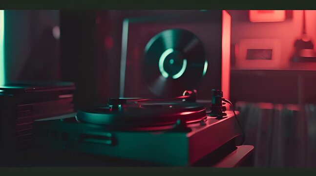 Retro Vinyl Record Player in Ambient Room with AI generated.
