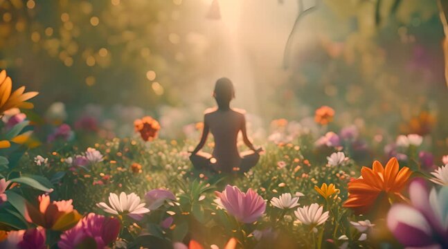 Peaceful Meditation in Flower Garden at Sunset with AI generated.
