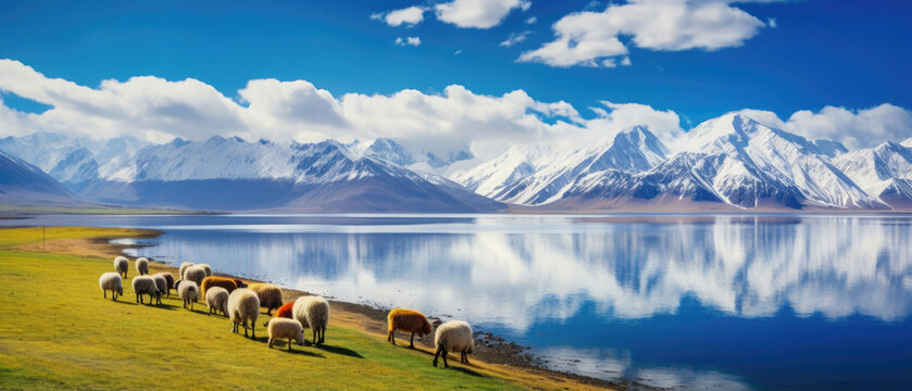 Tranquil view of Lake Iskanderkul reflecting the blue sky and surrounding iceberg mountain peaks with sheep eating grass along the beauty of Tajikistan lakeshore