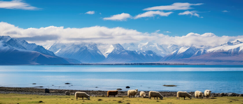 Tranquil view of Lake Iskanderkul reflecting the blue sky and surrounding iceberg mountain peaks with sheep eating grass along the beauty of Tajikistan lakeshore