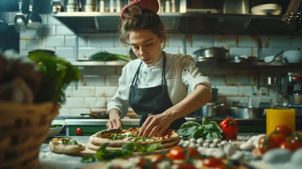 Foto op Canvas In Restaurant Professional Female Chef Preparing Pizza, Adding Ingredients, Special Sauce, Cheese, Traditional Family Recipe. Authentic Italian Pizzeria, Cooking Organic Food © Sasint