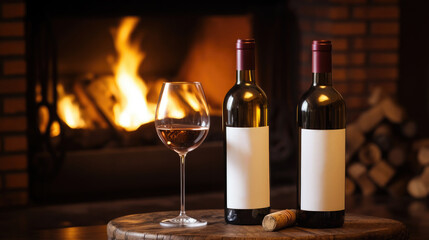Wine bottle with white blank label for mockup and wineglass with cozy warm fireplace background on wooden table created with Generative AI Technology